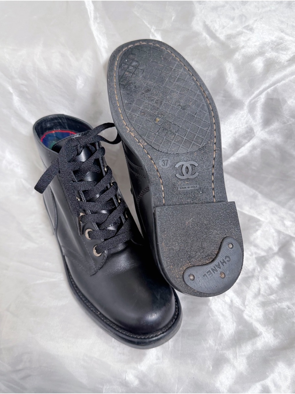 CHANEL Black Leather Lace-Up Ankle Boots - Picture 7 of 8